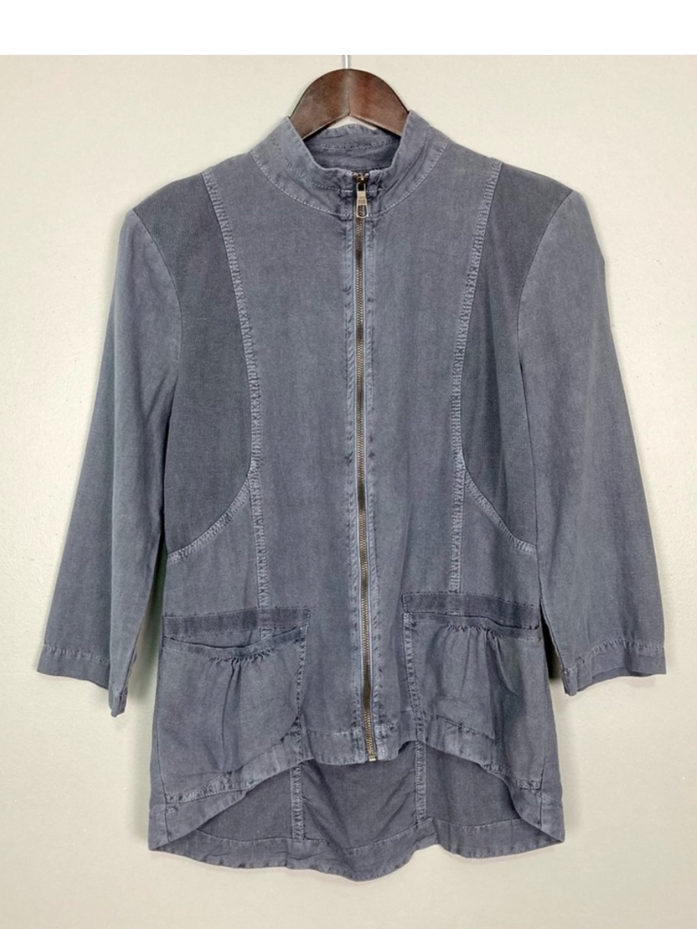 XCVI Linen Blend Zip Jacket Women’s Size S Lagenlook Mock Neck Ruched Pockets